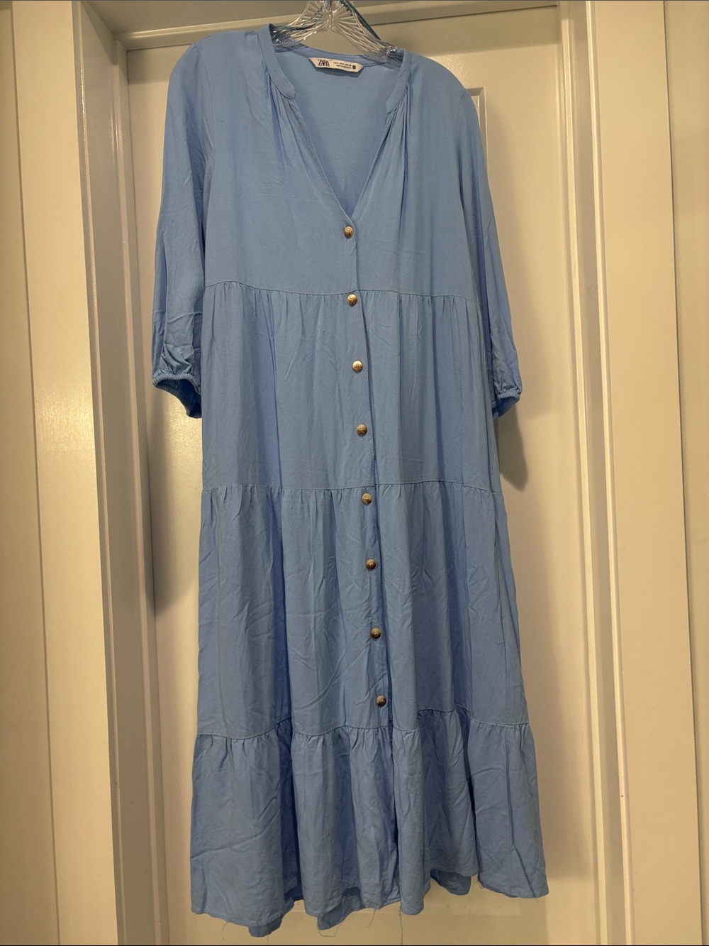 Zara Light Blue Button-Front Tiered Midi Dress